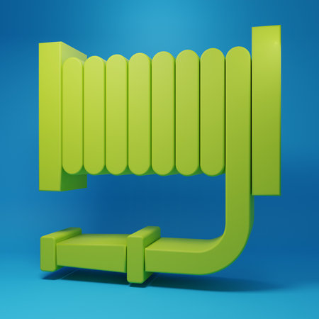 Green Fire hose reel icon isolated on blue background. Minimalism concept. 3D render illustration.の写真素材