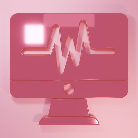 Pink Computer monitor with cardiogram icon isolated on pink background. Monitoring icon. ECG monitor with heart beat hand drawn. Minimalism concept. 3D render illustration.の写真素材