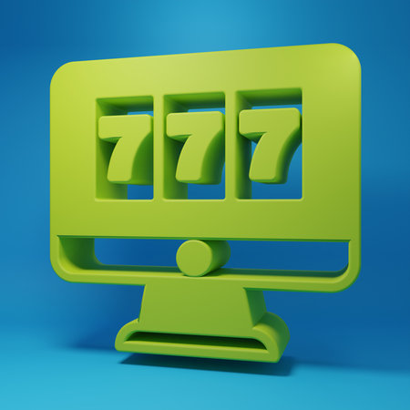 Green Online slot machine with lucky sevens jackpot icon isolated on blue background. Online casino. Minimalism concept. 3D render illustration.の写真素材