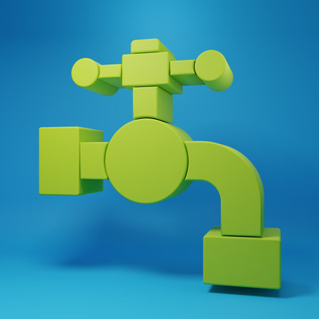 Green Water tap icon isolated on blue background. Minimalism concept. 3D render illustration.の写真素材