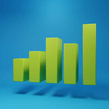 Green Graph, schedule, chart, diagram, infographic, pie graph icon isolated on blue background. Minimalism concept. 3D render illustration.の写真素材