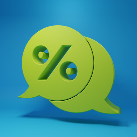 Green Discount percent tag icon isolated on blue background. Shopping tag sign. Special offer sign. Discount coupons symbol. Minimalism concept. 3D render illustration.の写真素材