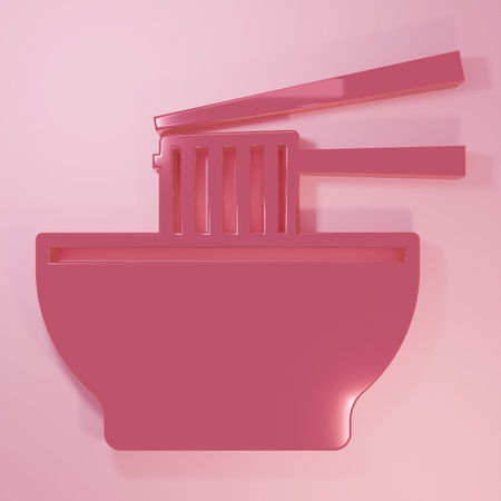 Pink Asian noodles in bowl and chopsticks icon isolated on pink background. Street fast food. Korean, Japanese, Chinese food. Minimalism concept. 3D render illustration.の写真素材