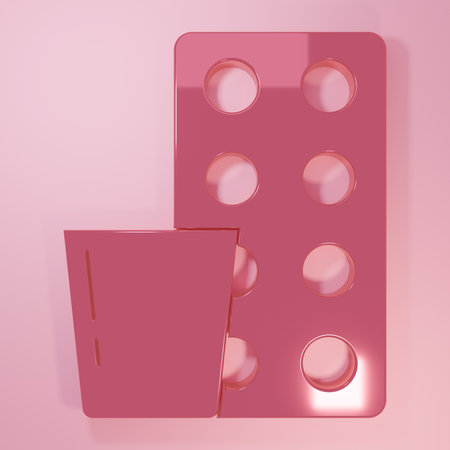 Pink Pills in blister pack icon isolated on pink background. Medical drug package for tablet, vitamin, antibiotic, aspirin. Minimalism concept. 3D render illustration.の写真素材