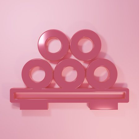 Pink food on cutting board icon isolated on pink background. Asian food on wooden board. Minimalism concept. 3D render illustration.の写真素材