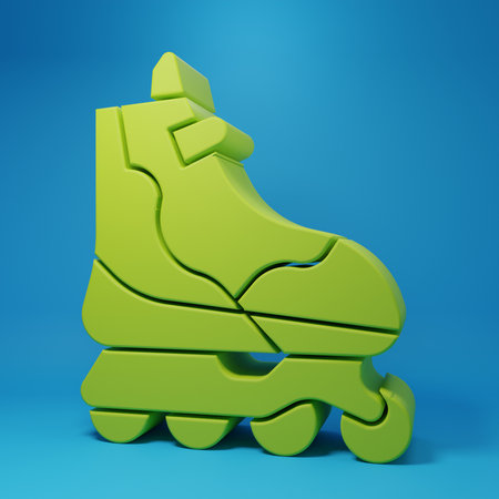 Green Roller skate icon isolated on blue background. Minimalism concept. 3D render illustration.の写真素材