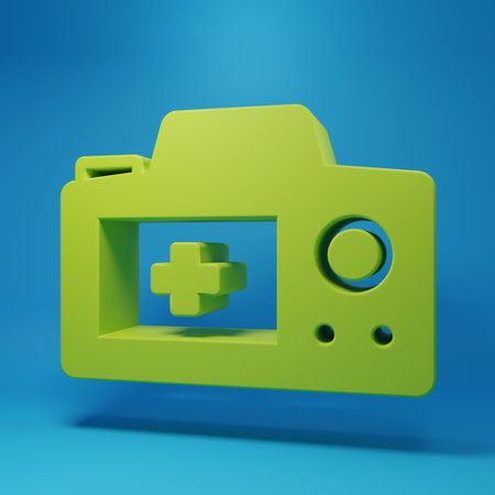 Green Photo camera icon isolated on blue background. Foto camera. Digital photography. Minimalism concept. 3D render illustration.の写真素材