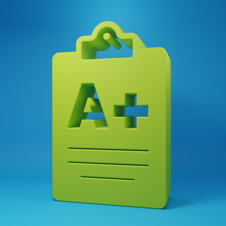 Green Exam sheet with A plus grade icon isolated on blue background. Test paper, exam, or survey concept. School test or exam. Minimalism concept. 3D render illustration.の写真素材