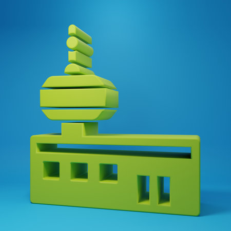 Green Airport control tower icon isolated on blue background. Minimalism concept. 3D render illustration.の写真素材