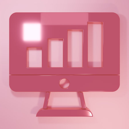 Pink Computer monitor with graph chart icon isolated on pink background. Report text file. Accounting sign. Audit, analysis, planning. Minimalism concept. 3D render illustration.の写真素材