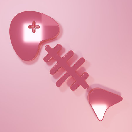 Pink Fish skeleton icon isolated on pink background. Fish bone sign. Minimalism concept. 3D render illustration.の写真素材