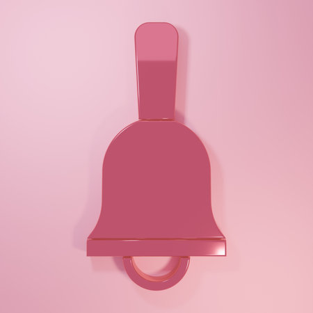 Pink Ringing bell icon isolated on pink background. Alarm symbol, service bell, handbell sign, notification symbol. Minimalism concept. 3D render illustration.の写真素材