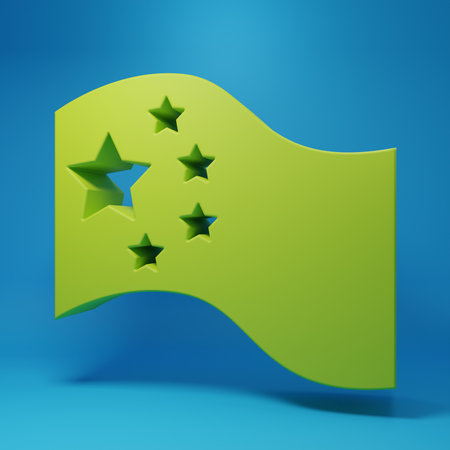 Green China flag icon isolated on blue background. Minimalism concept. 3D render illustration.の写真素材