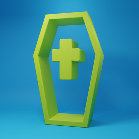 Green Coffin with Christian cross icon isolated on blue background. Minimalism concept. 3D render illustration.の写真素材