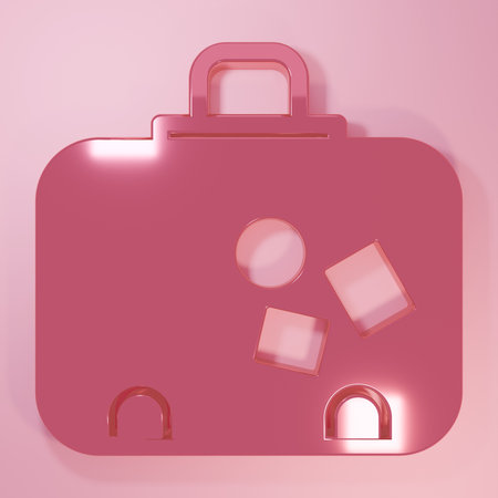 Pink Suitcase for travel icon isolated on pink background. Traveling baggage sign. Travel luggage icon. Minimalism concept. 3D render illustration.の写真素材