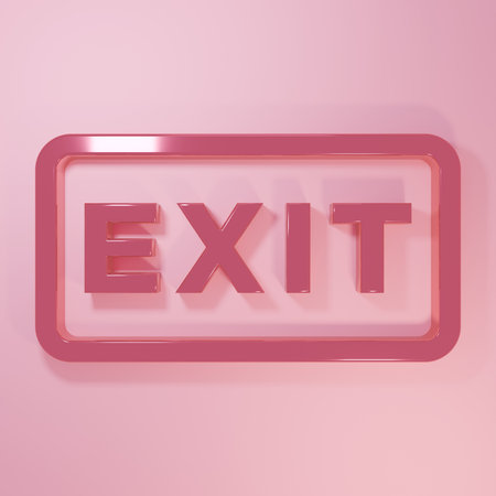 Pink Fire exit icon isolated on pink background. Fire emergency icon. Minimalism concept. 3D render illustration.の写真素材