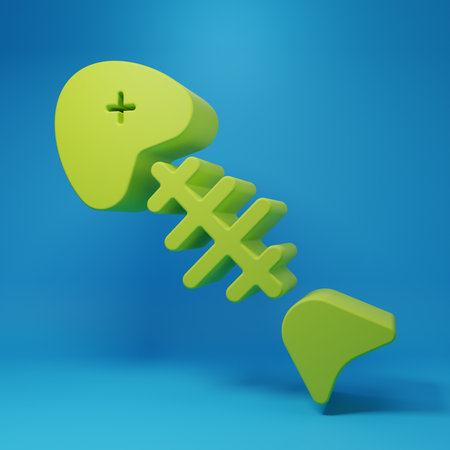 Green Fish skeleton icon isolated on blue background. Fish bone sign. Minimalism concept. 3D render illustration.の写真素材
