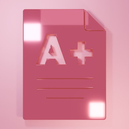 Pink Exam sheet with A plus grade icon isolated on pink background. Test paper, exam, or survey concept. School test or exam. Minimalism concept. 3D render illustration.の写真素材
