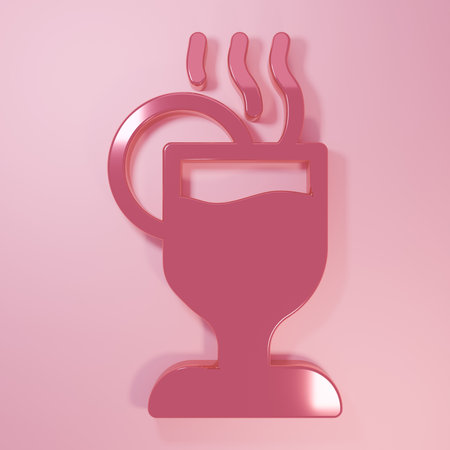 Pink Mulled wine with glass of drink and ingredients icon isolated on pink background. Cinnamon stick, clove, lemon slice. Minimalism concept. 3D render illustration.の写真素材