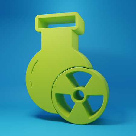 Green Laboratory chemical beaker with toxic liquid icon isolated on blue background. Biohazard symbol. Dangerous symbol with radiation icon. Minimalism concept. 3D render illustration.の写真素材