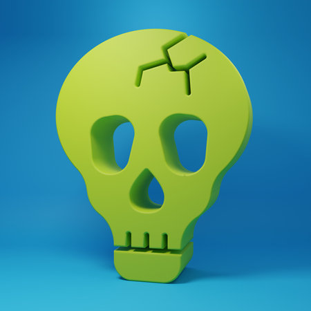 Green Skull icon isolated on blue background. Happy Halloween party. Minimalism concept. 3D render illustration.の写真素材