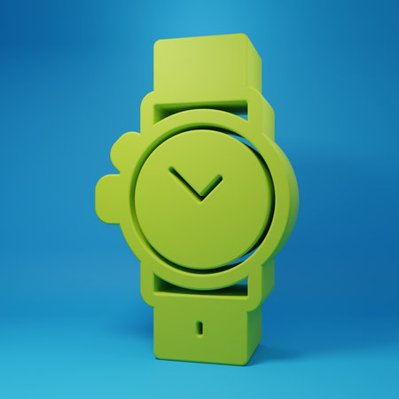 Green Wrist watch icon isolated on blue background. Wristwatch icon. Minimalism concept. 3D render illustration.の写真素材