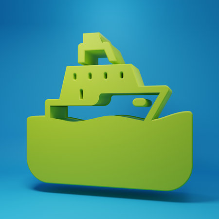 Green Cruise ship icon isolated on blue background. Travel tourism nautical transport. Voyage passenger ship, cruise liner. Worldwide cruise. Minimalism concept. 3D render illustration.の写真素材
