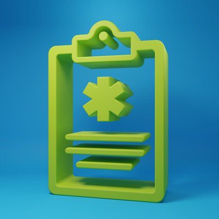 Green Medical clipboard with clinical record icon isolated on blue background. Health insurance form. Prescription, medical check marks report. Minimalism concept. 3D render illustration.の写真素材