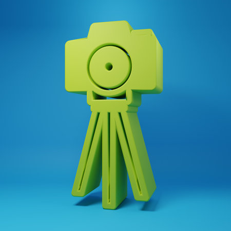 Green Photo camera icon isolated on blue background. Foto camera. Digital photography. Minimalism concept. 3D render illustration.の写真素材