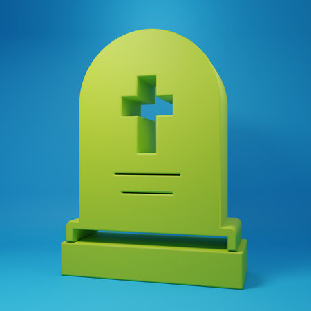 Green Grave with tombstone icon isolated on blue background. Minimalism concept. 3D render illustration.の写真素材