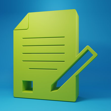 Green Exam sheet and pencil with eraser icon isolated on blue background. Test paper, exam, or survey concept. School test or exam. Minimalism concept. 3D render illustration.の写真素材