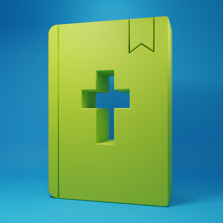 Green Holy bible book icon isolated on blue background. Minimalism concept. 3D render illustration.の写真素材