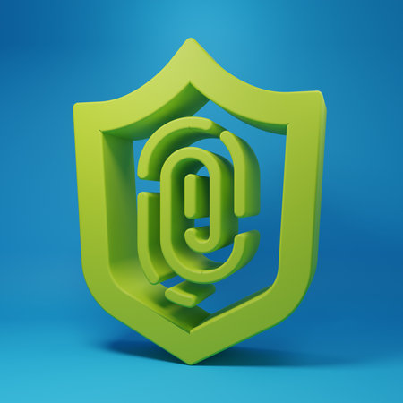 Green Fingerprint icon isolated on blue background. ID app icon. Identification sign. Touch id. Minimalism concept. 3D render illustration.の写真素材