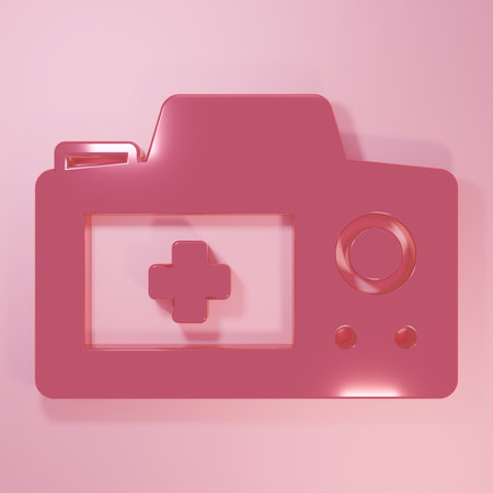 Pink Photo camera icon isolated on pink background. Foto camera. Digital photography. Minimalism concept. 3D render illustration.の写真素材