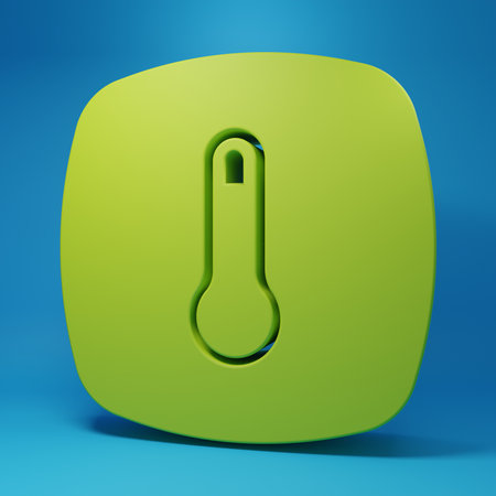 Green Thermostat icon isolated on blue background. Temperature control. Minimalism concept. 3D render illustration.の写真素材