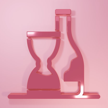 Pink Bottle of wine icon isolated on pink background. Wine aging. Minimalism concept. 3D render illustration.の写真素材