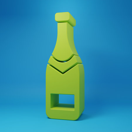 Green Champagne bottle icon isolated on blue background. Minimalism concept. 3D render illustration.の写真素材