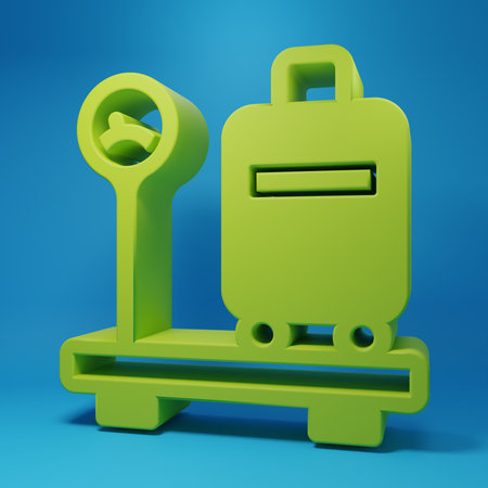 Green Scale with suitcase icon isolated on blue background. Logistics and delivery. Weight of delivery package on a scale. Minimalism concept. 3D render illustration.の写真素材