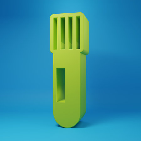 Green Test tube and flask chemical laboratory test icon isolated on blue background. Laboratory glassware sign. Minimalism concept. 3D render illustration.の写真素材