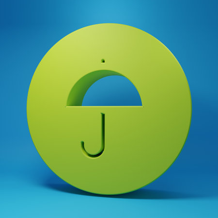 Green Delivery package with umbrella symbol icon isolated on blue background. Parcel cardboard box with umbrella sign. Logistics and delivery. Minimalism concept. 3D render illustration.の写真素材