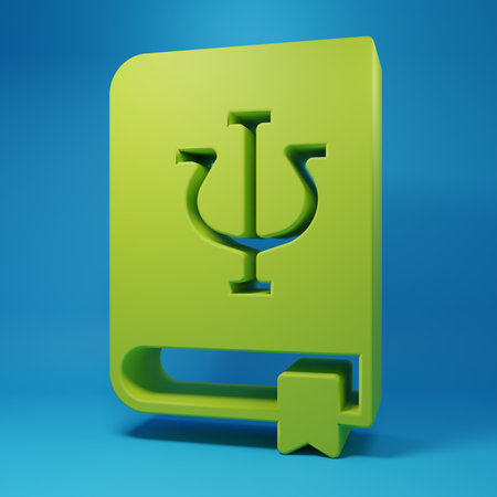 Green Psychology book icon isolated on blue background. Psi symbol. Mental health concept, psychoanalysis analysis and psychotherapy. Minimalism concept. 3D render illustration.の写真素材