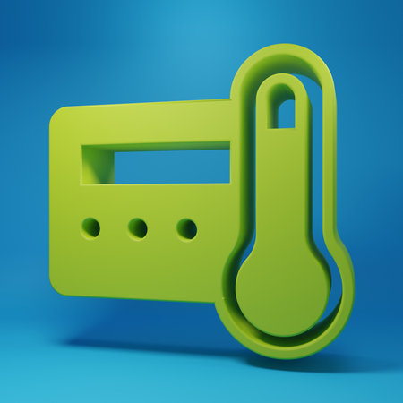 Green Thermostat icon isolated on blue background. Temperature control. Minimalism concept. 3D render illustration.の写真素材