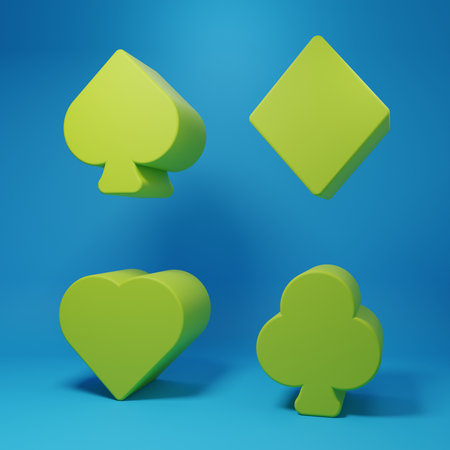 Green Deck of playing cards icon isolated on blue background. Casino gambling. Minimalism concept. 3D render illustration.の写真素材