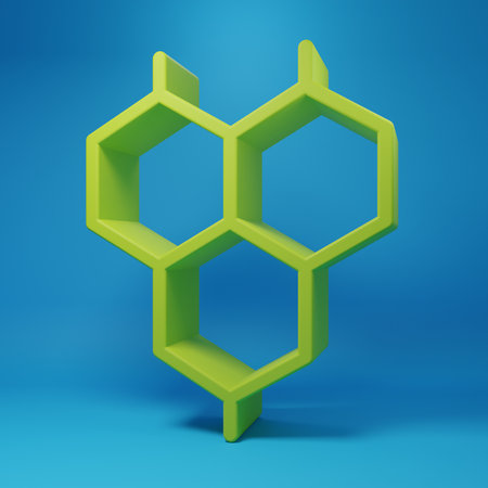 Green Chemical formula icon isolated on blue background. Abstract hexagon for innovation medicine, health, research and science. Minimalism concept. 3D render illustration.の写真素材