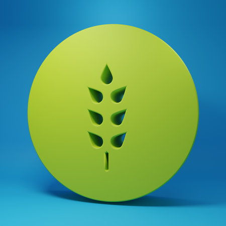 Green Cereals set with rice, wheat, corn, oats, rye, barley icon isolated on blue background. Ears of wheat bread symbols. Minimalism concept. 3D render illustration.の写真素材