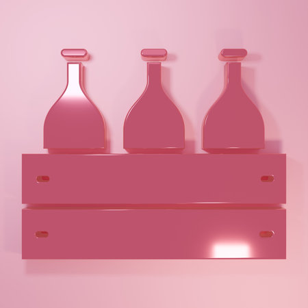 Pink Bottles of wine in a wooden box icon isolated on pink background. Wine bottles in a wooden crate icon. Minimalism concept. 3D render illustration.の写真素材