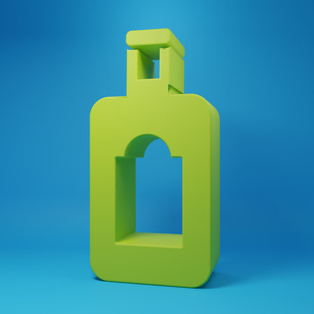 Green Whiskey bottle icon isolated on blue background. Minimalism concept. 3D render illustration.の写真素材