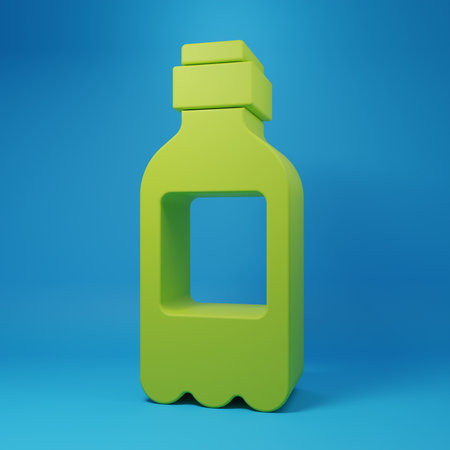 Green Bottle of water icon isolated on blue background. Soda aqua drink sign. Minimalism concept. 3D render illustration.の写真素材