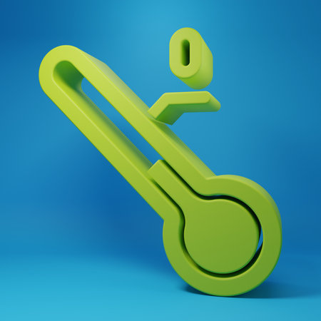 Green Meteorology thermometer measuring icon isolated on blue background. Thermometer equipment showing hot or cold weather. Minimalism concept. 3D render illustration.の写真素材
