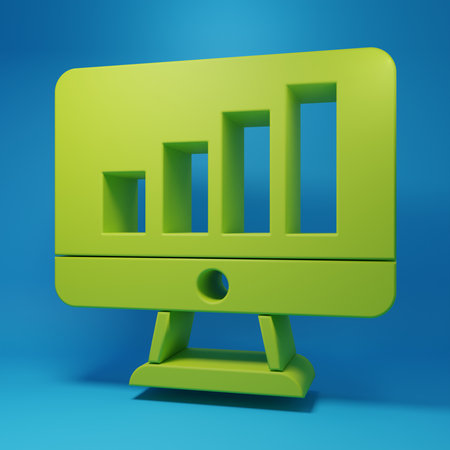 Green Computer monitor with graph chart icon isolated on blue background. Report text file. Accounting sign. Audit, analysis, planning. Minimalism concept. 3D render illustration.の写真素材